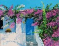 Puerta azul en el jardín de Grecia